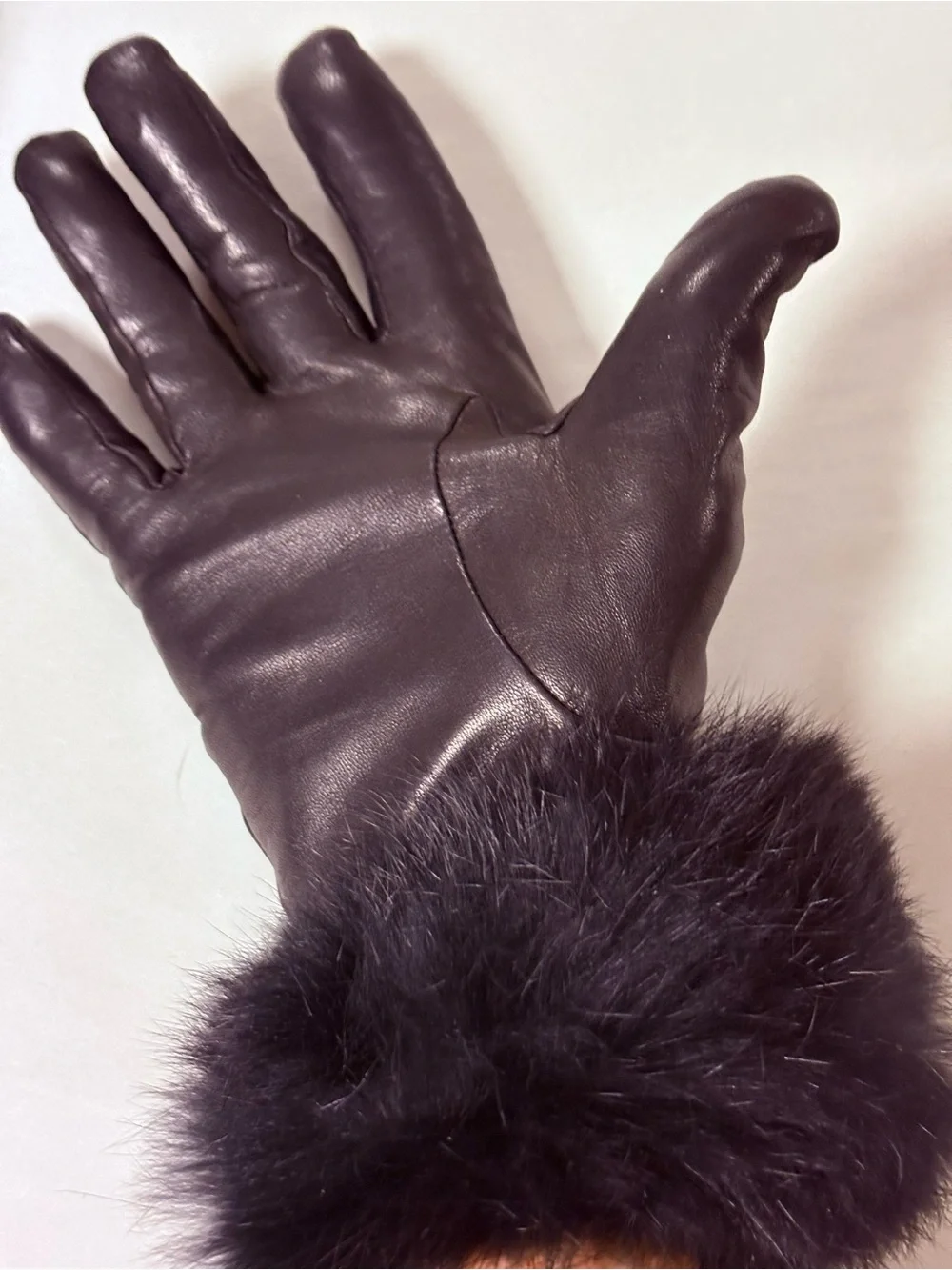 Black Leather Gloves with Faux Fur Cuff - Women Accessories Size 7 (Med)